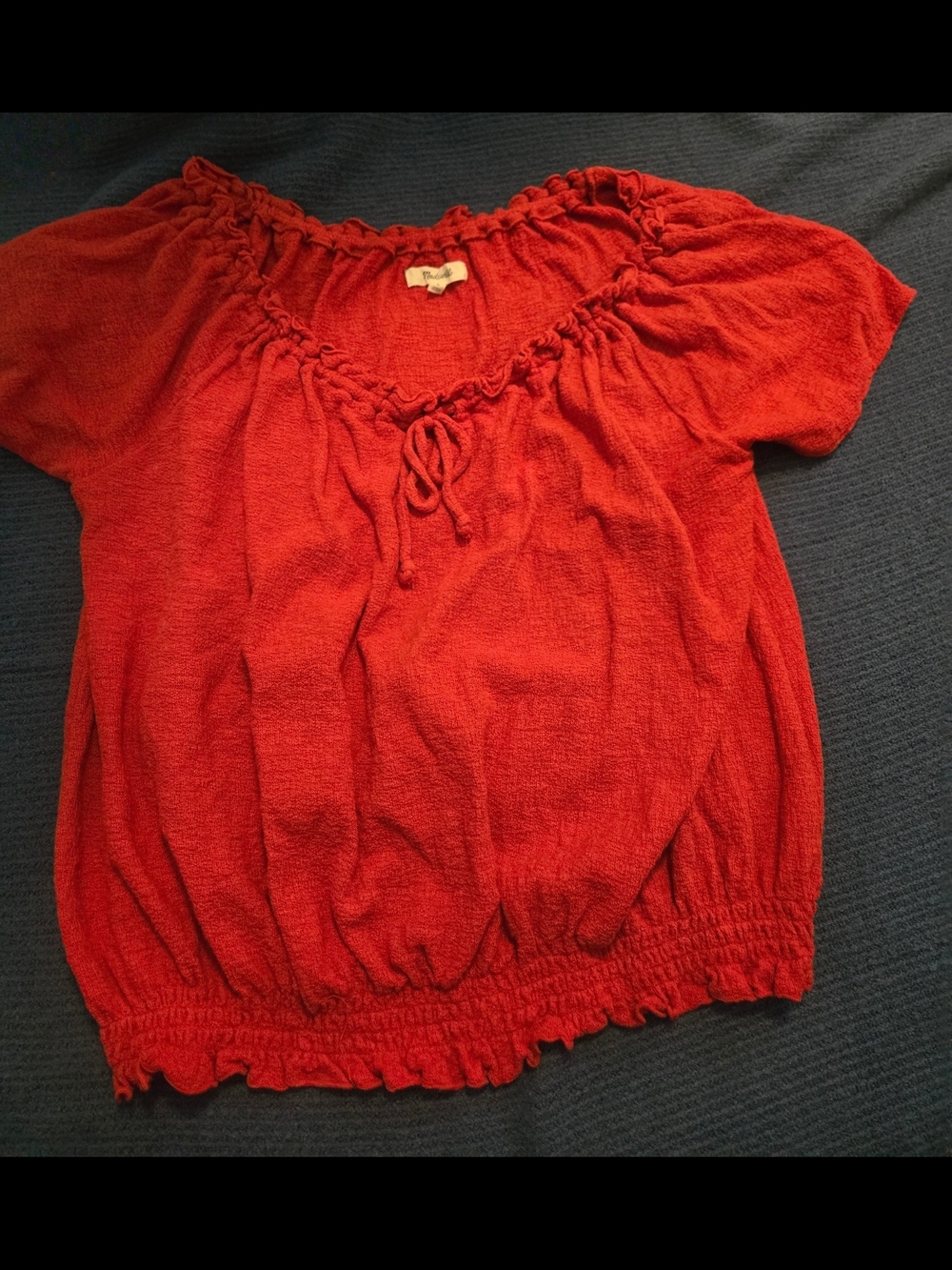 Madewell Red Short-Sleeve Peasant Top with Smocked Hem
